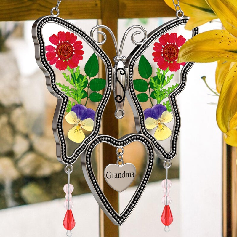 KUNDGLA فراشة Suncatcher الجدة زجاج الشمس الماسك أجنحة زهرة حقيقية مضغوطة في فراشة زجاجية Suncatchers الجدة هدية عيد ميلاد زخرفة للنوافذ مع سحر القلب المعدني - Image 2